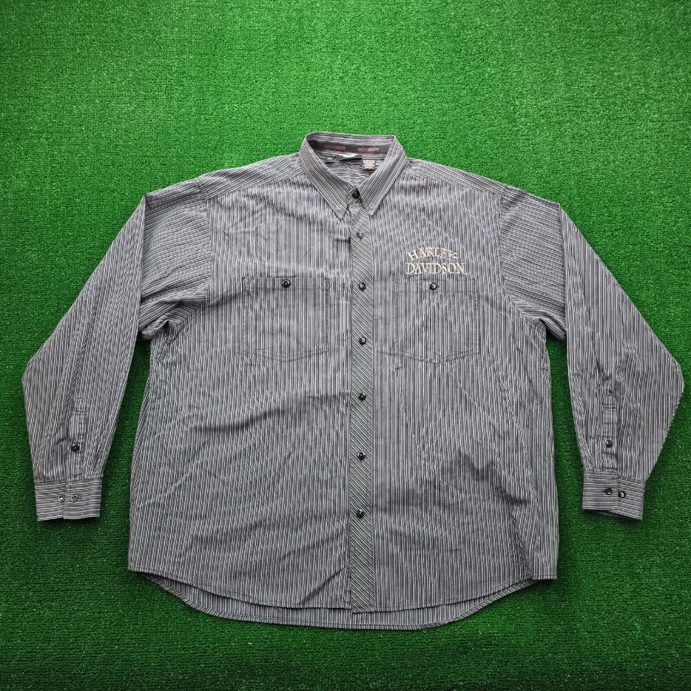 Harley Davidson Shirt Mens 2XL Black Pinstriped Button Up Long Sleeve Motorcycle